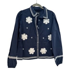 K1. NWT Zara Embroidered Navy Oversized Flower Detail Collared Button Down Shirt